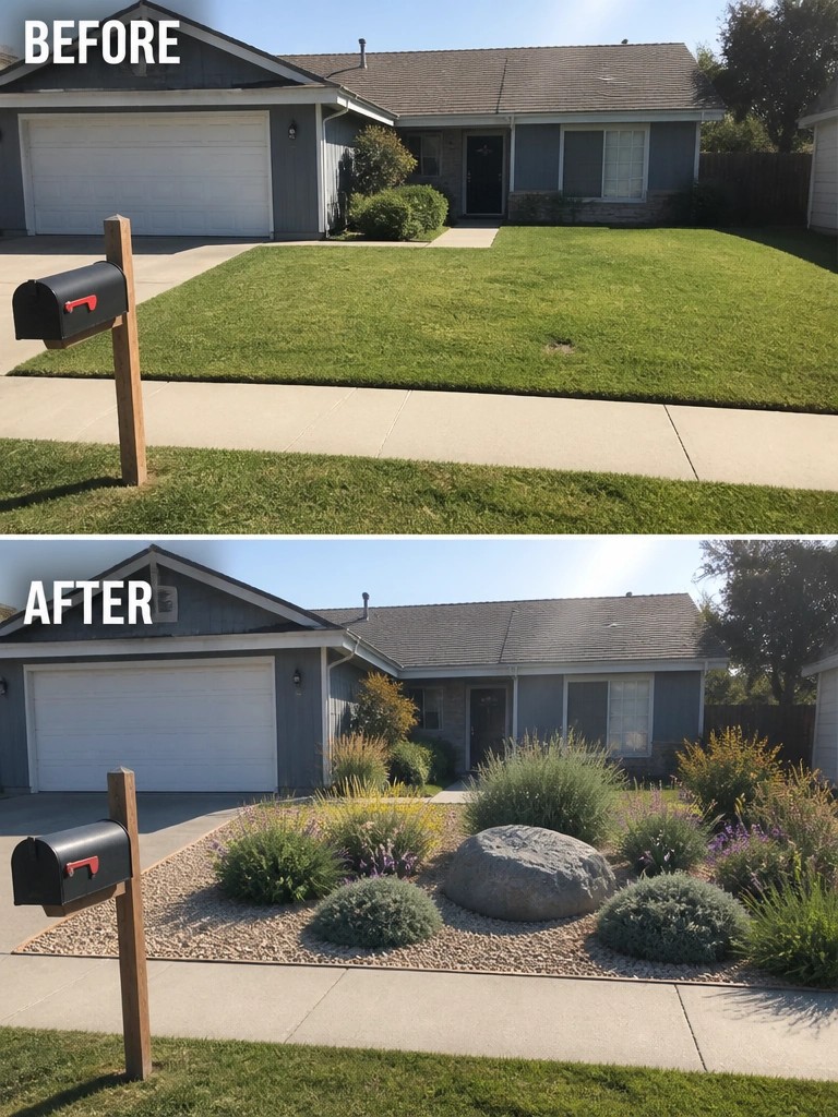 Before and after of house front yard: lawn replaced by rock garden with plants and shrubs