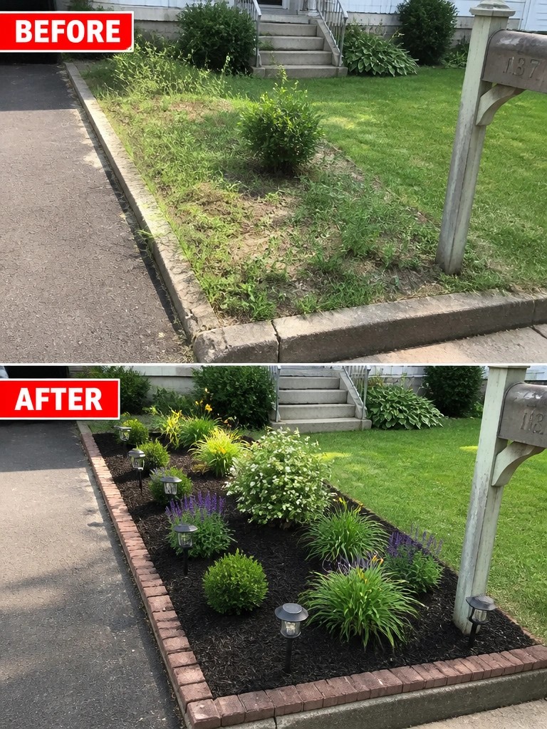 Before and after of weedy lawn transformed into brick-bordered garden with flowers and lights.
