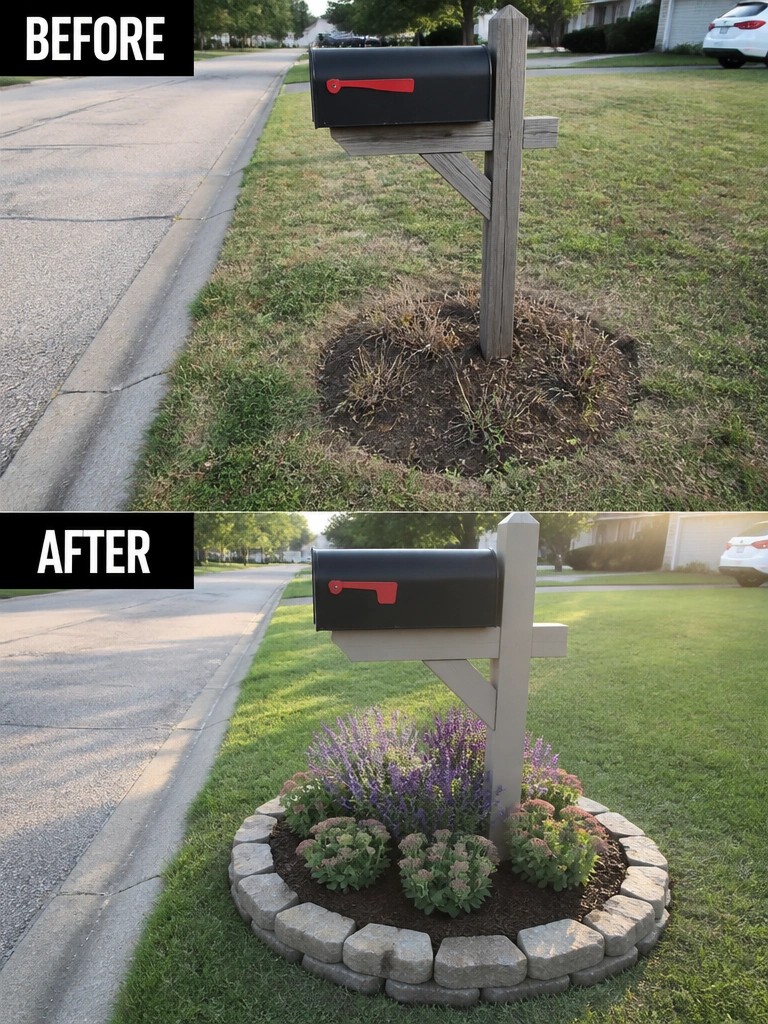 Before-and-after mailbox with dirt base transformed into flower bed with stone border.