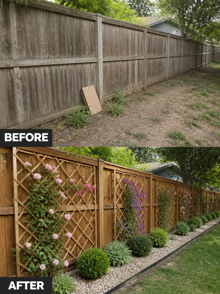 Before-and-after wooden fence with lattice, pink roses, and garden beds