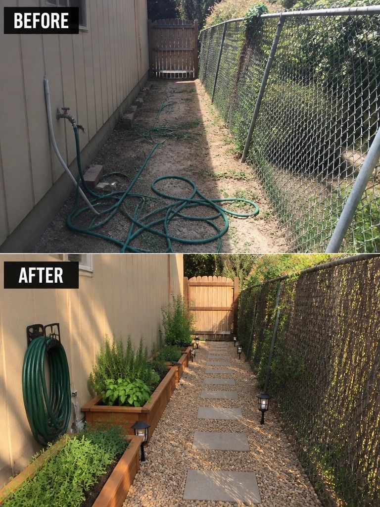 Before and after of narrow yard with hose, planters, gravel path and lights.