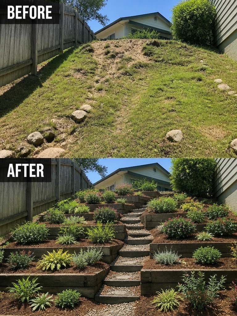 Before and after of grassy slope transformed into terraced garden beds with stairs.