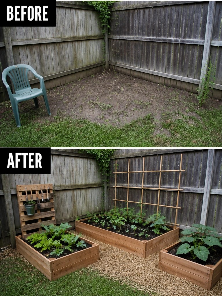 Before and after fenced yard transformed with raised garden beds and trellis