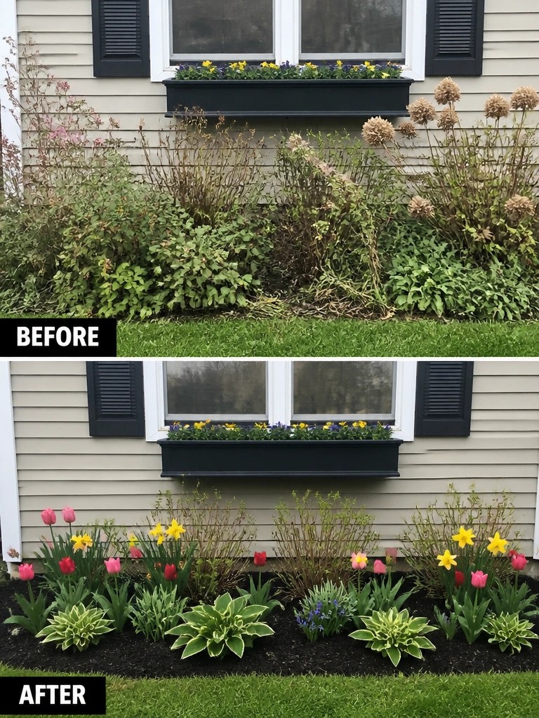 Before-and-after garden bed with overgrown plants replaced by mulched flowers and hostas.