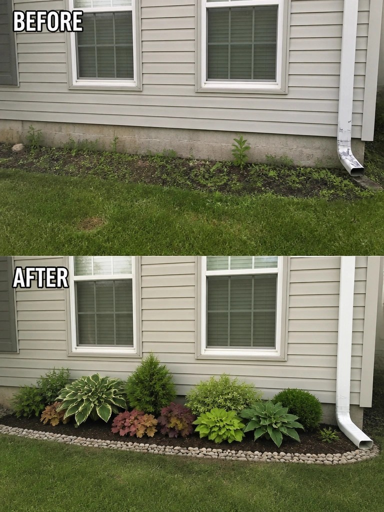 Before-and-after view of house foundation with added plants, shrubs, and rock border