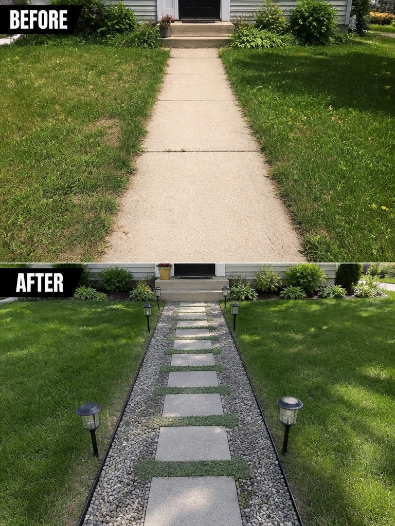 Before-and-after image of a plain concrete walkway transformed into a structured path using pavers set in gravel with solar lights along the borders.
