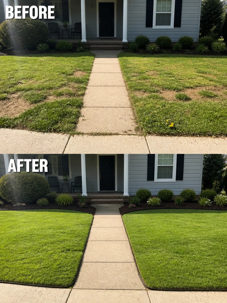 Before-after lawn renovation: patchy grass to lush green turf bordering walkway at house.