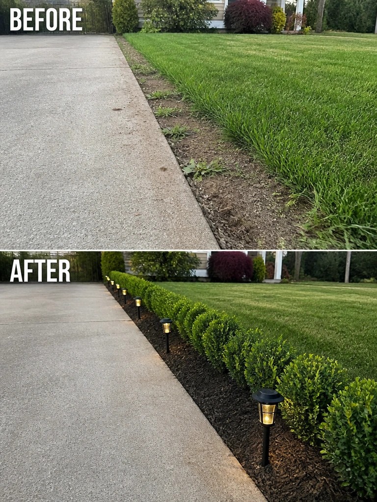 Before-and-after image of a driveway edge changed from overgrown grass and weeds to a neat row of shrubs with mulch and solar lights.