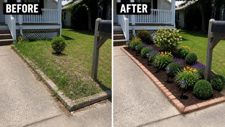 21 Affordable Landscaping Makeover Ideas That Still Look Beautiful Before and after of weedy lawn transformed into brick-bordered garden with flowers and lights.