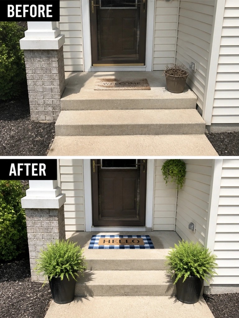 Before-and-after image of a front entry with concrete steps updated by adding two potted ferns and a new checkered doormat.