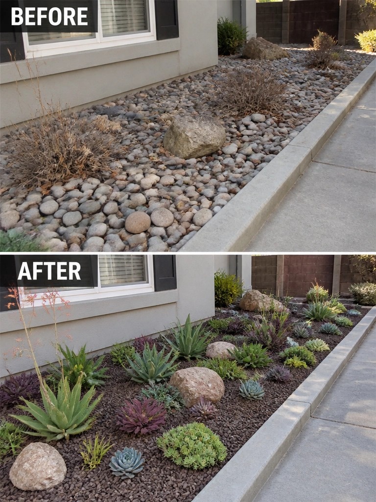 Before-and-after garden bed with gravel replaced by colorful succulents and rocks.