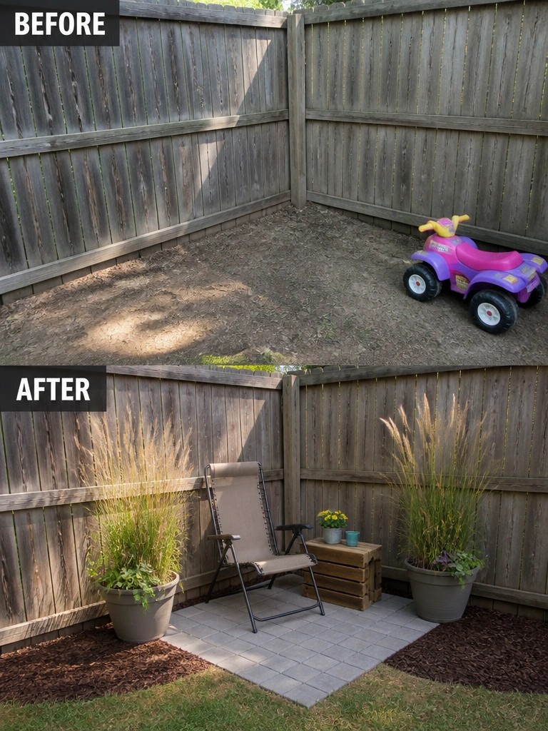 Before dirt yard with toy ATV, after patio with chair, plants and pavers