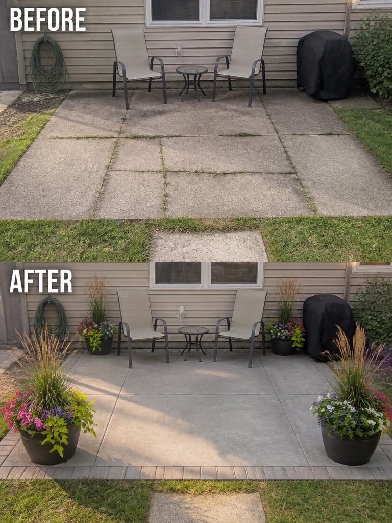 Before and after patio with chairs, table and colorful potted plants added.