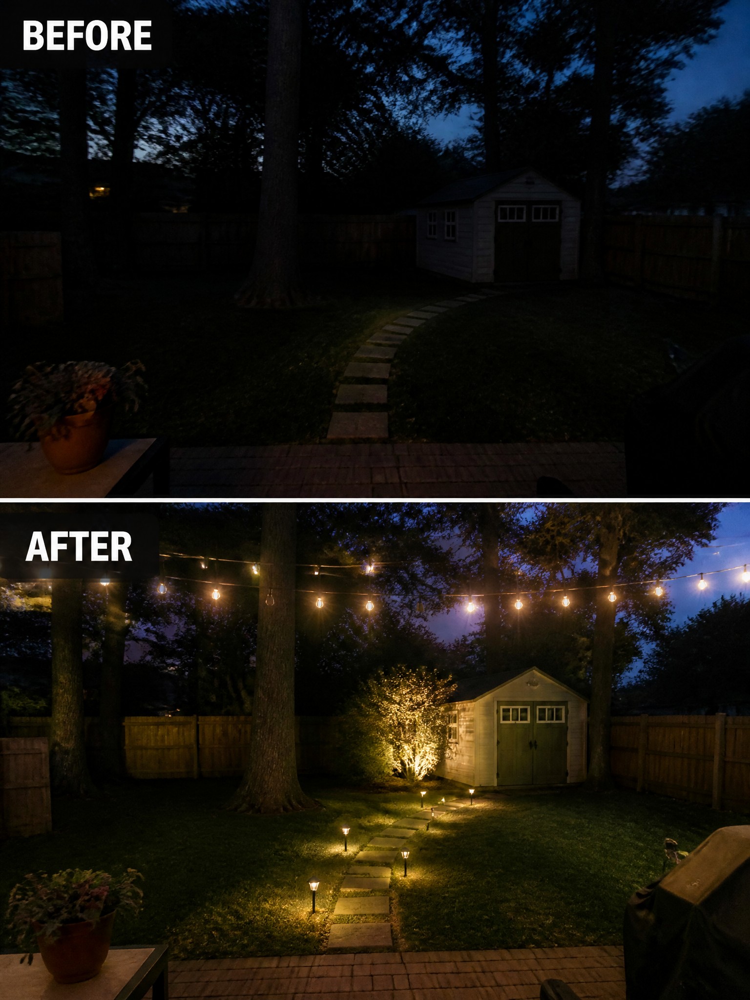 A backyard transformation showing a well-lit path and trees with string lights at dusk.