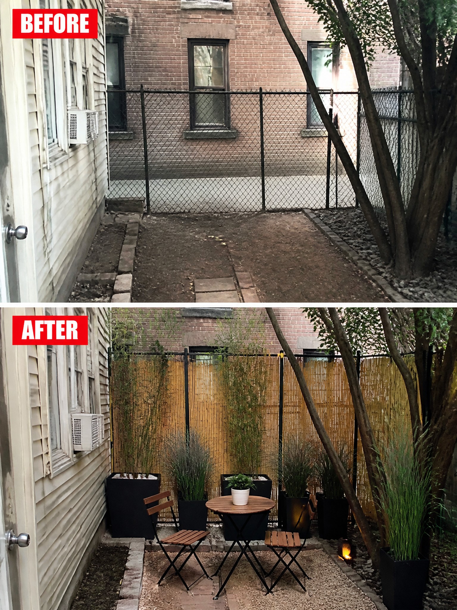 Before-and-after image of a bare backyard transformed into a private seating area with bamboo screens, black planters, and a small table and chairs.
