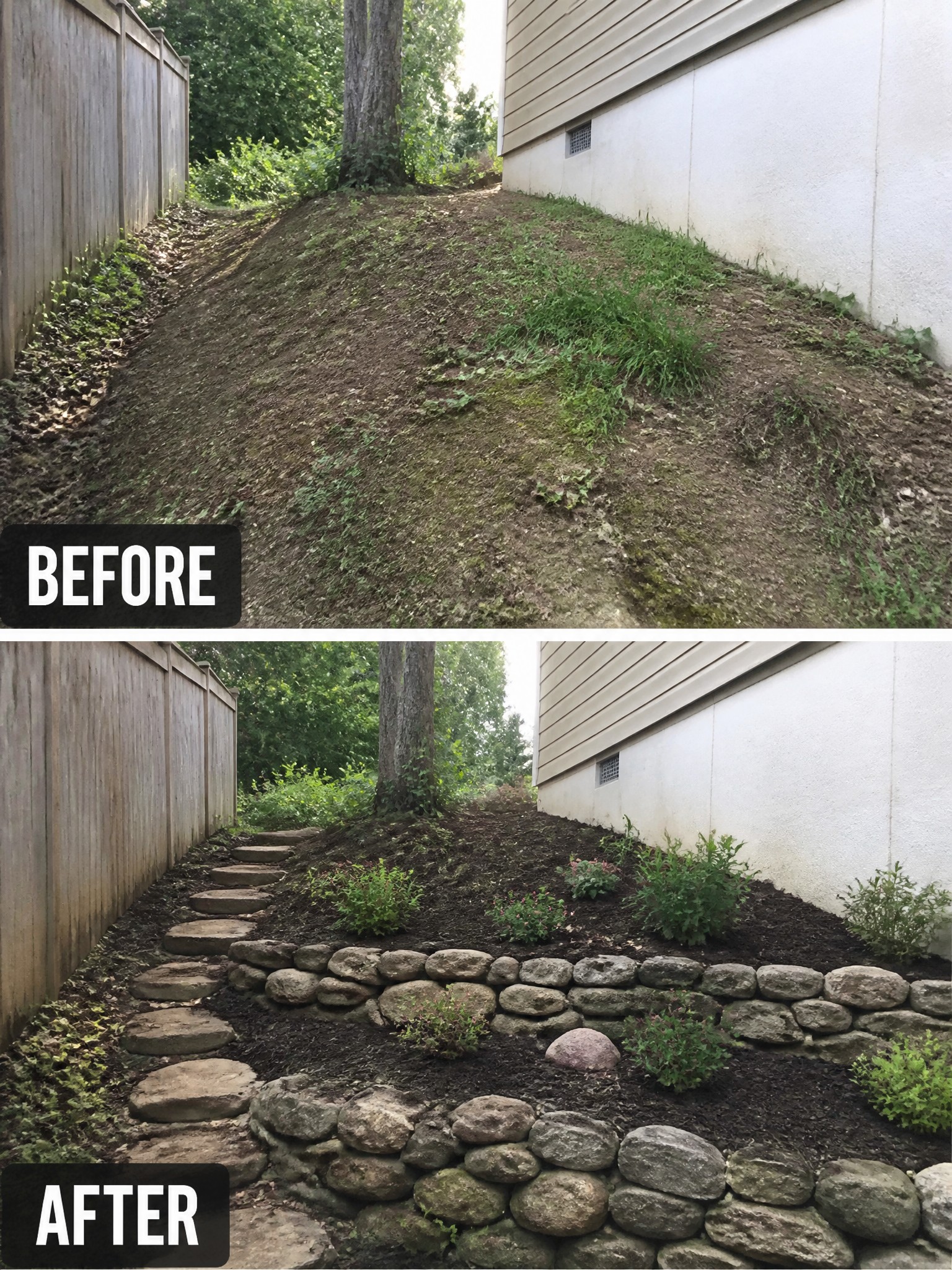 Before-and-after image of a bare backyard slope transformed with stone steps, low retaining walls, and planted garden beds.