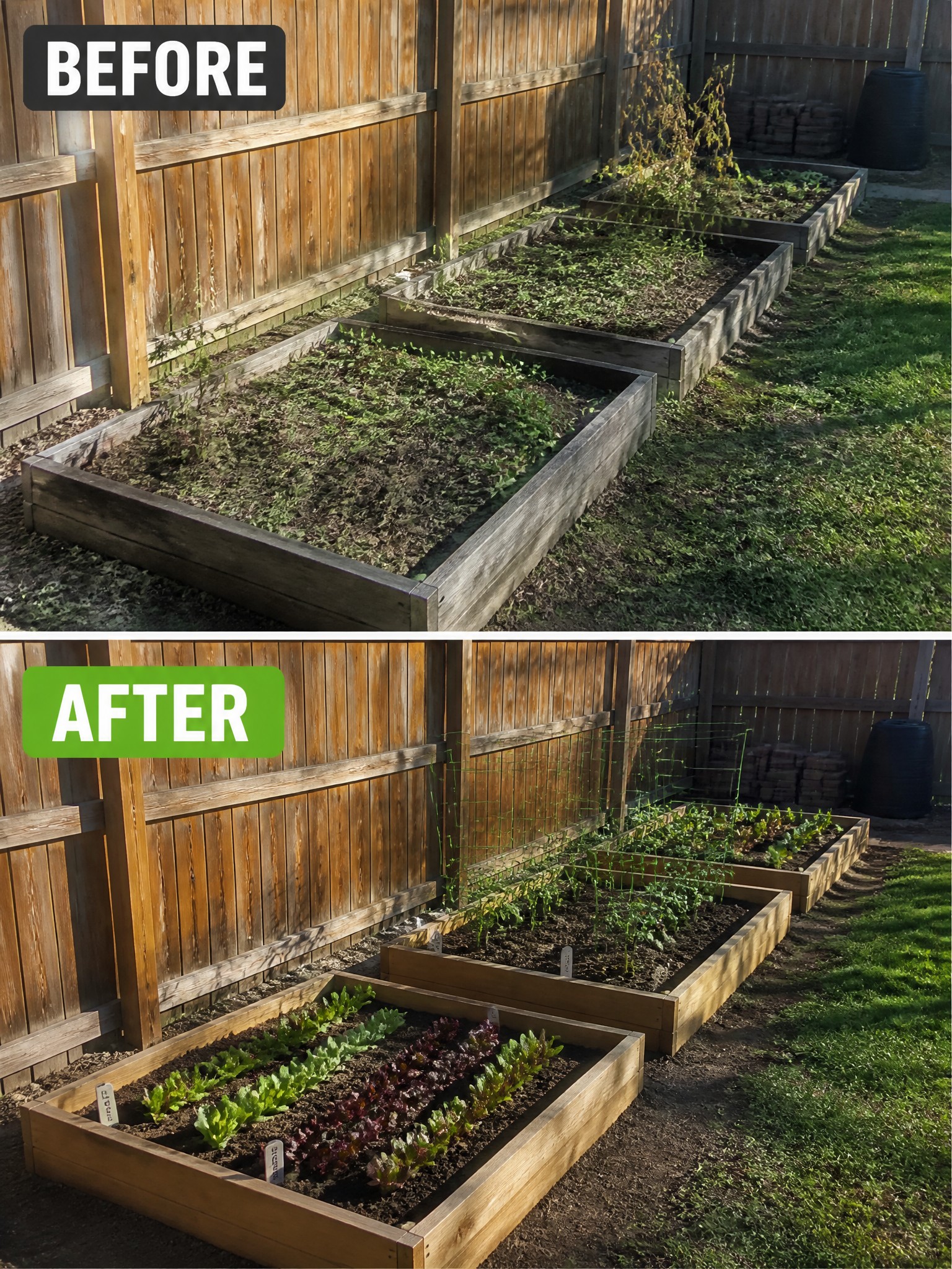 Before and after shots of a garden with wooden raised beds, now filled with vibrant greens.