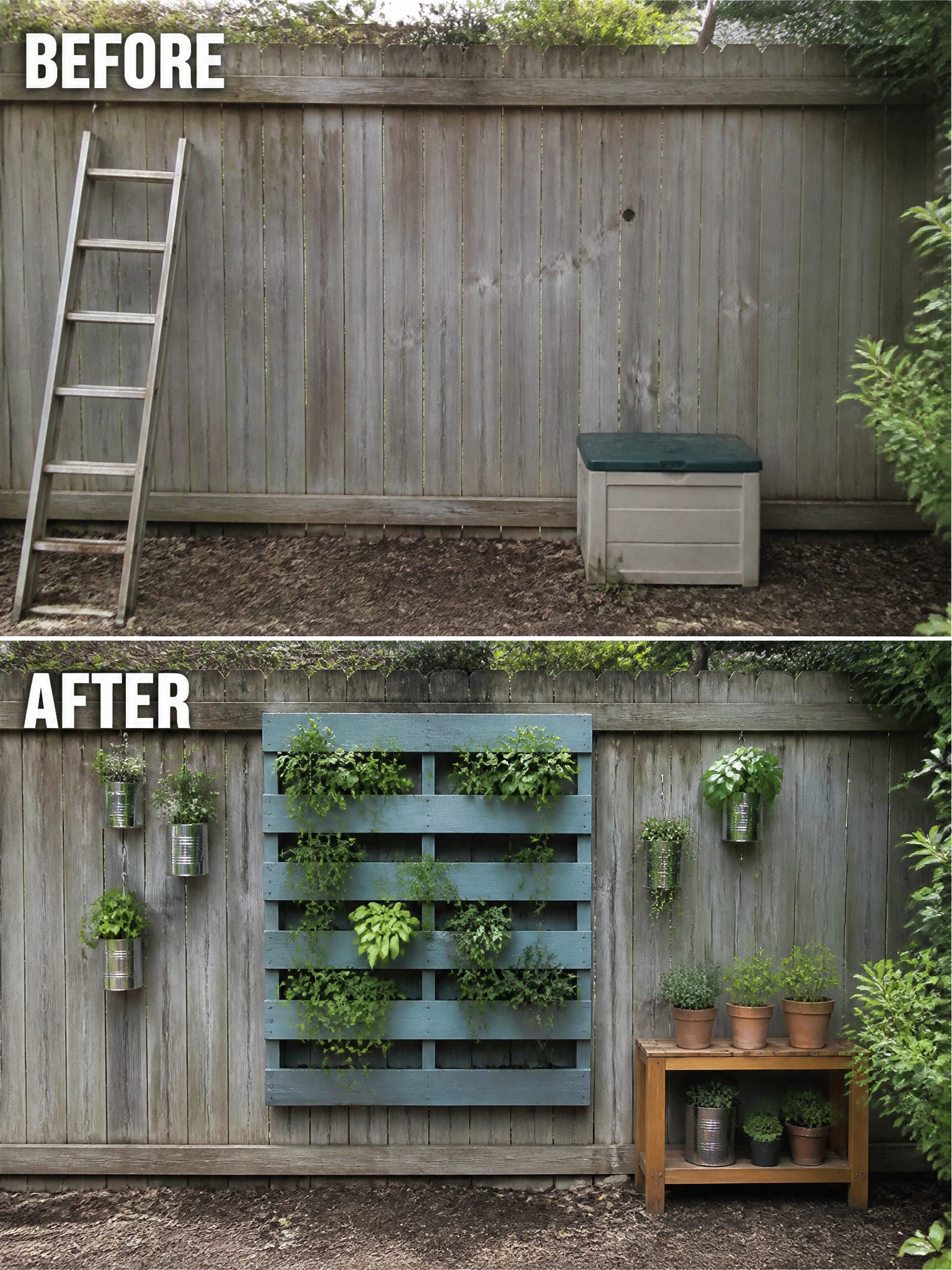 Before-and-after image of a bare wooden fence with a ladder and storage box changed into a planted area with a blue pallet vertical garden, hanging tin cans, and potted plants on a bench.