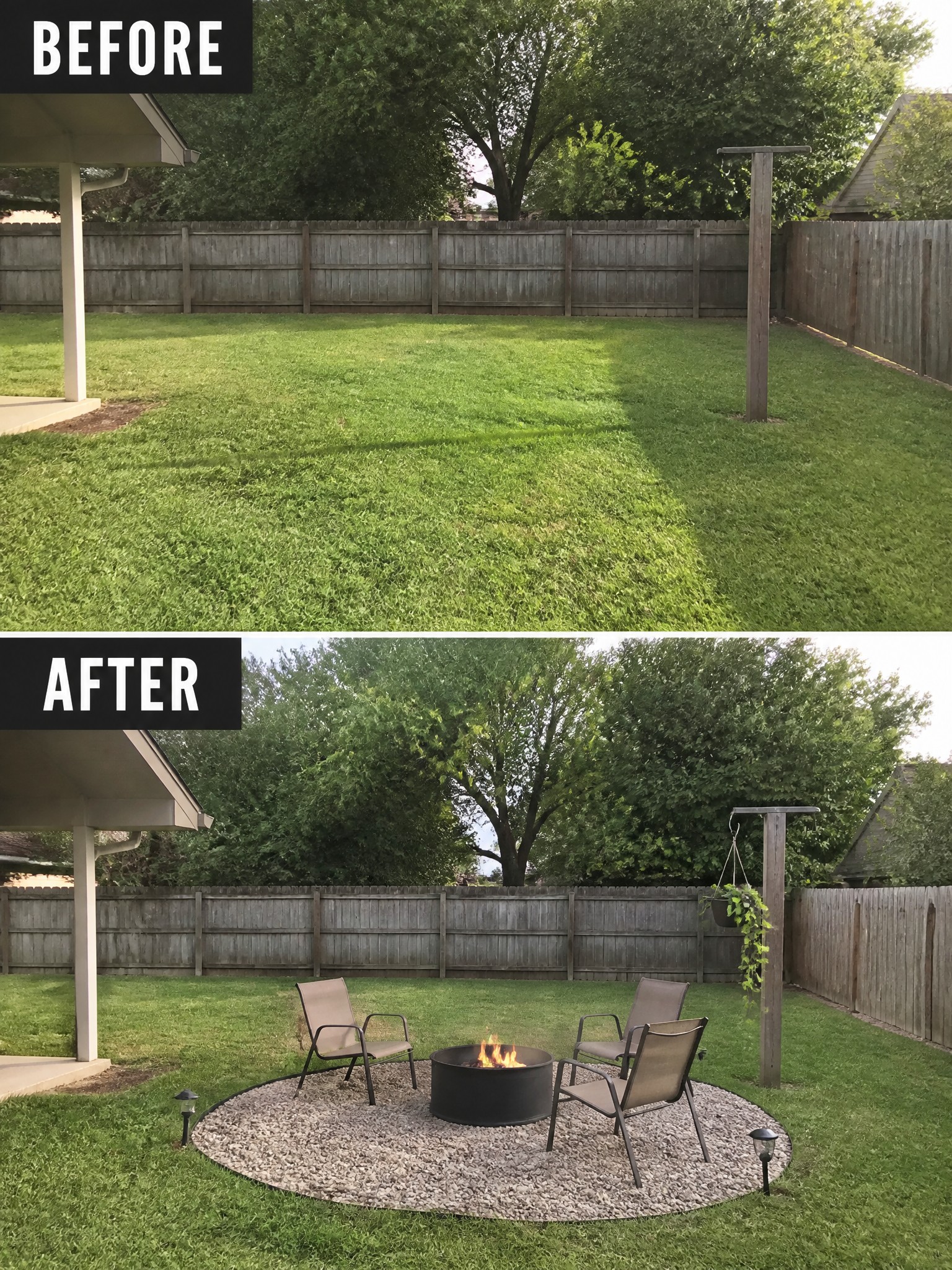 Before-and-after image of an empty backyard turned into an outdoor seating area with a circular gravel fire pit zone and four chairs.