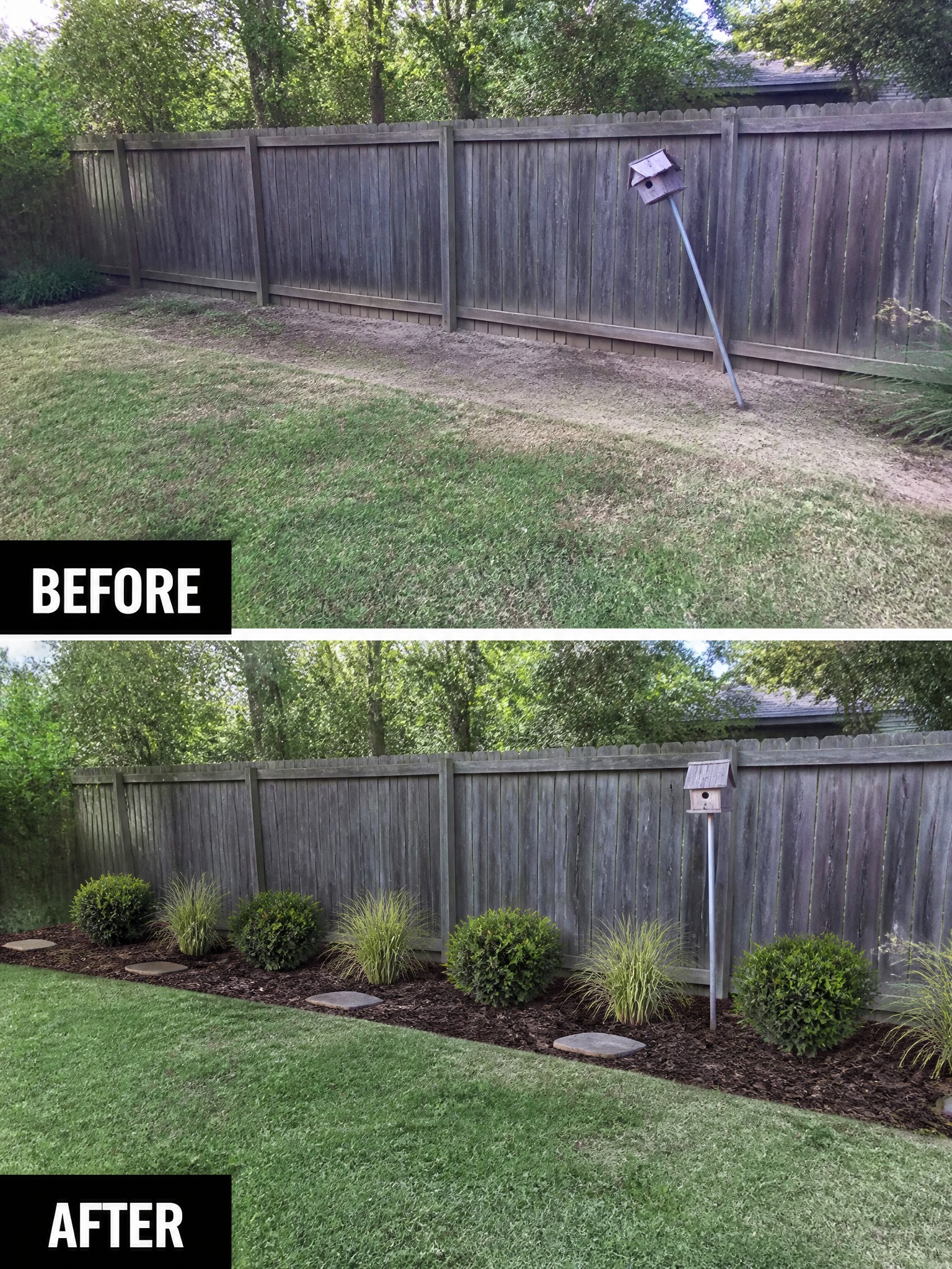 Before and after garden transformation with mulch, bushes, and stepping stones along a fence.