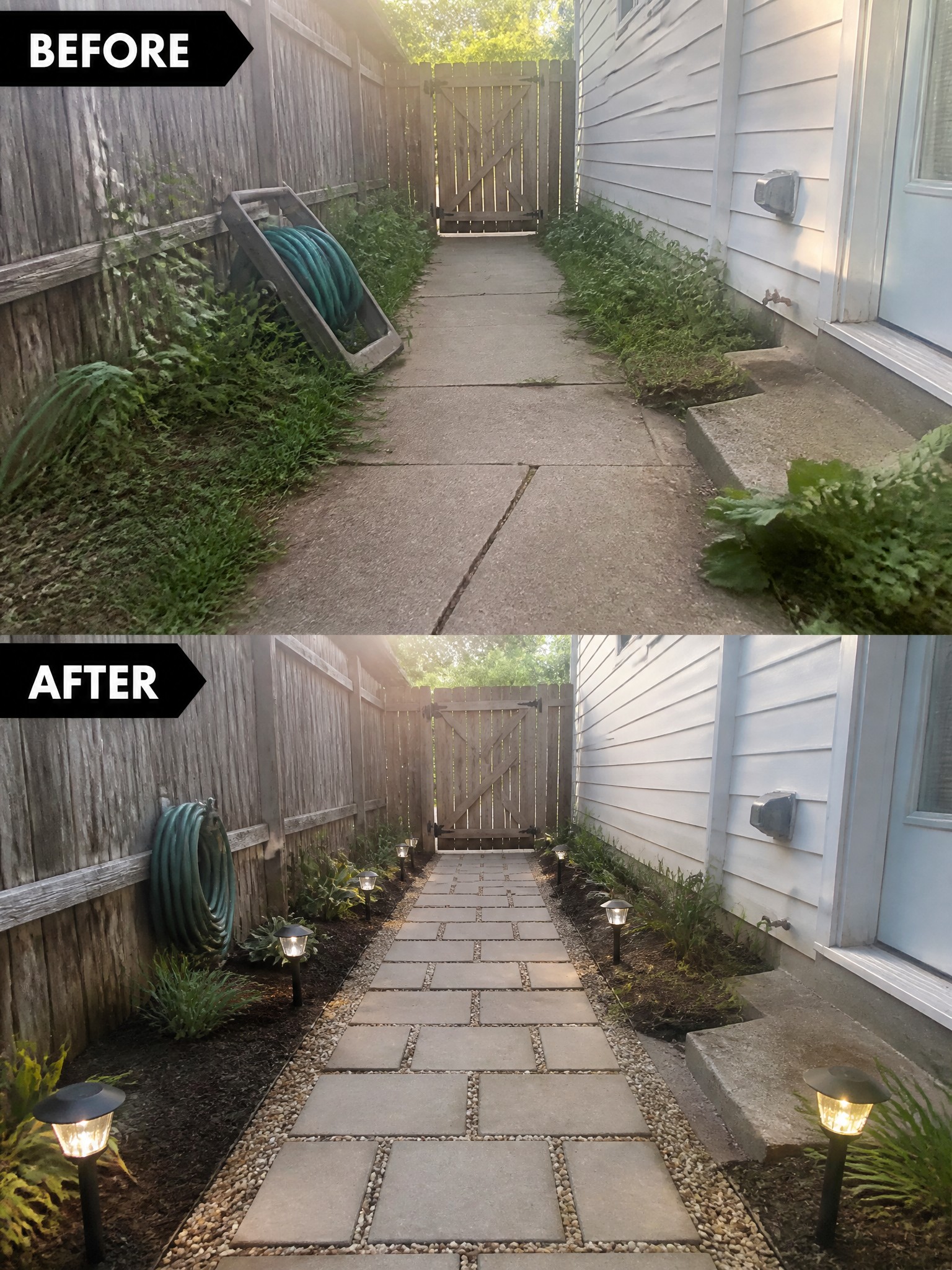 Before-and-after comparison of a walkway, showing overgrown grass transformed into a paved path with lights.