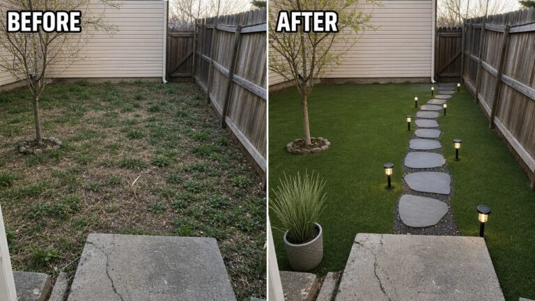 21 Budget Backyard Makeover Ideas That Still Look Polished Before and after backyard transformation featuring grass, stone pathway, and lighting.