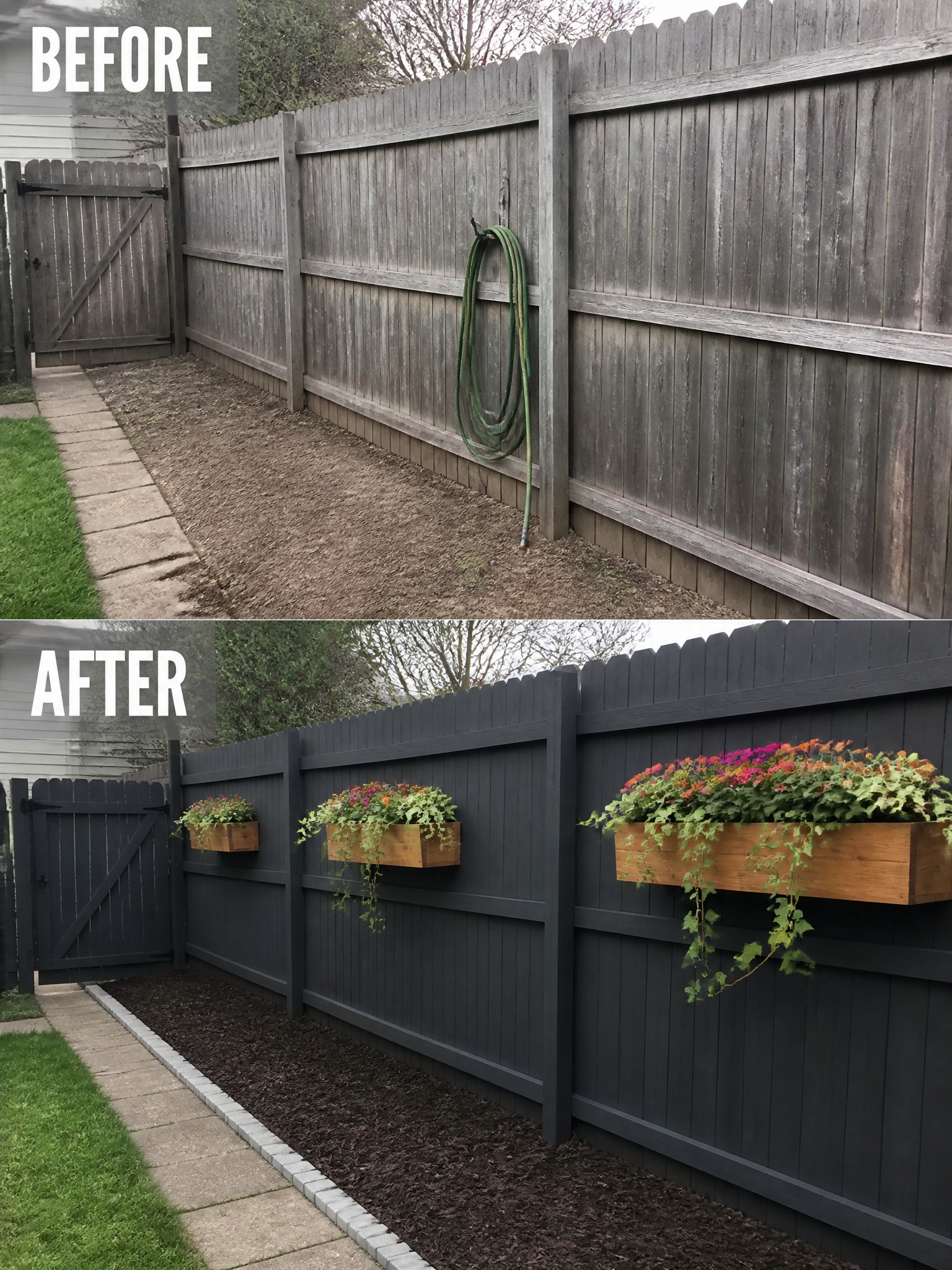 Before and after of a backyard fence renovation with flower boxes.