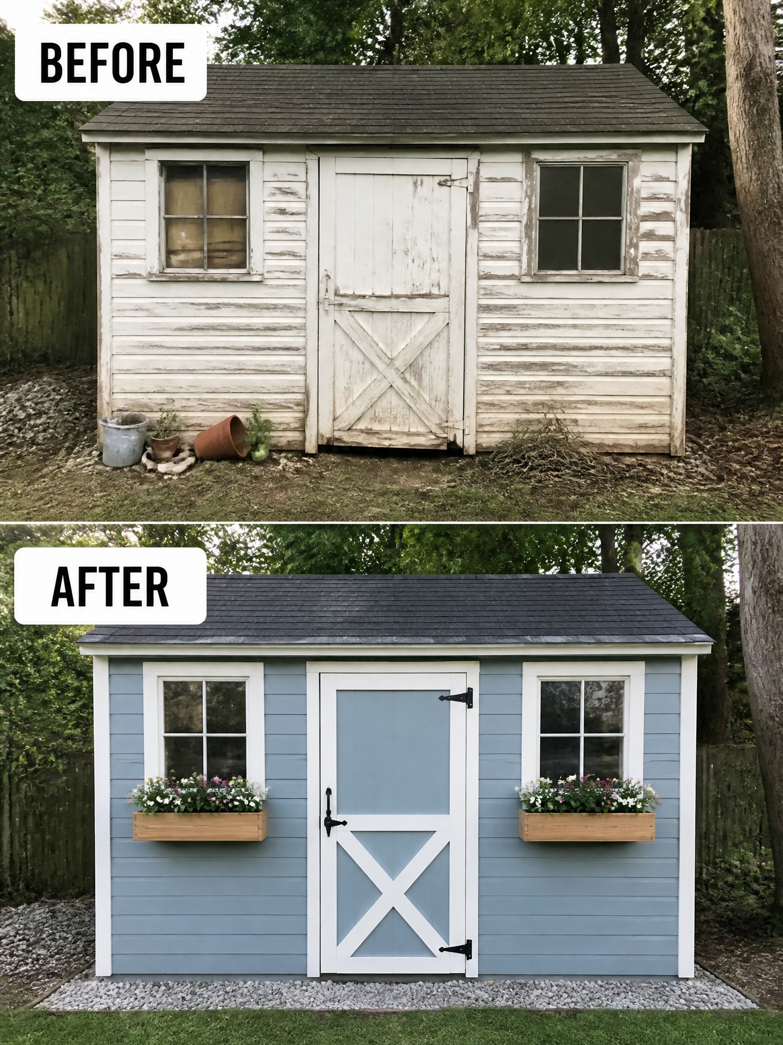 Before and after transformation of a shed, from faded white to a fresh blue.