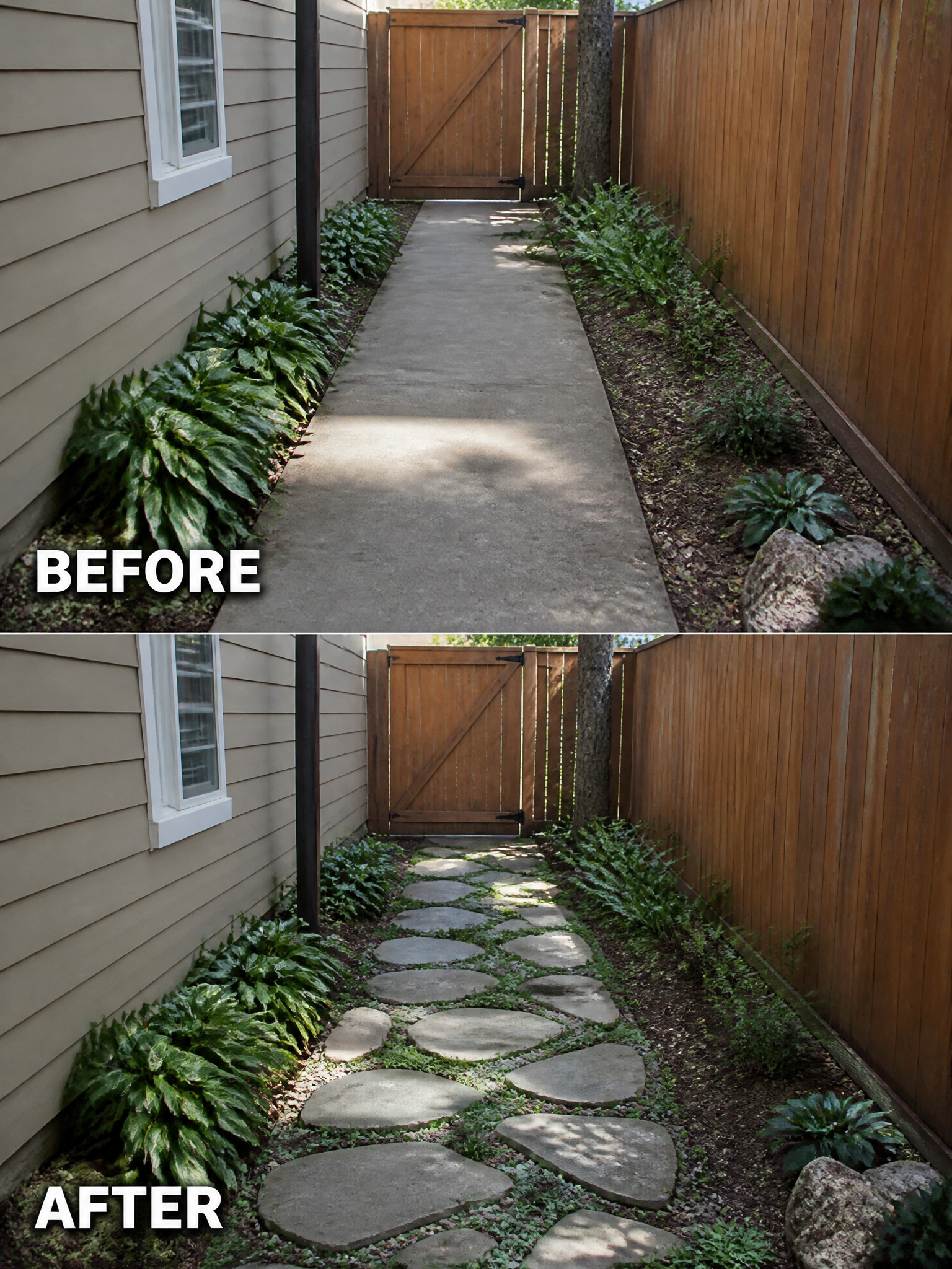 Before-and-after garden pathway transformation, from concrete to stone pavers with greenery.
