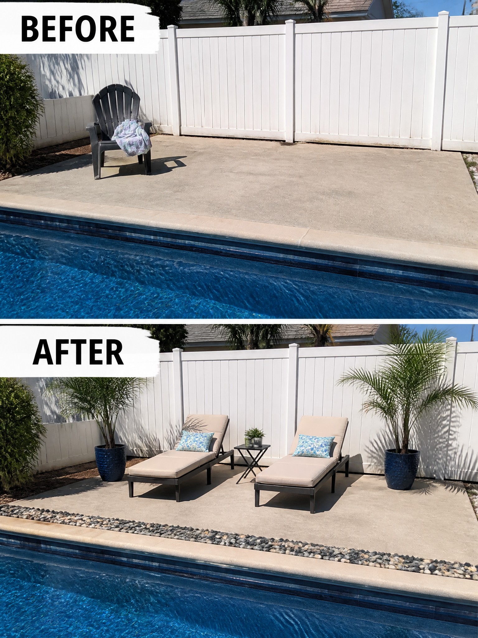 Before shows an empty patio; after features two loungers, a table, and plants.