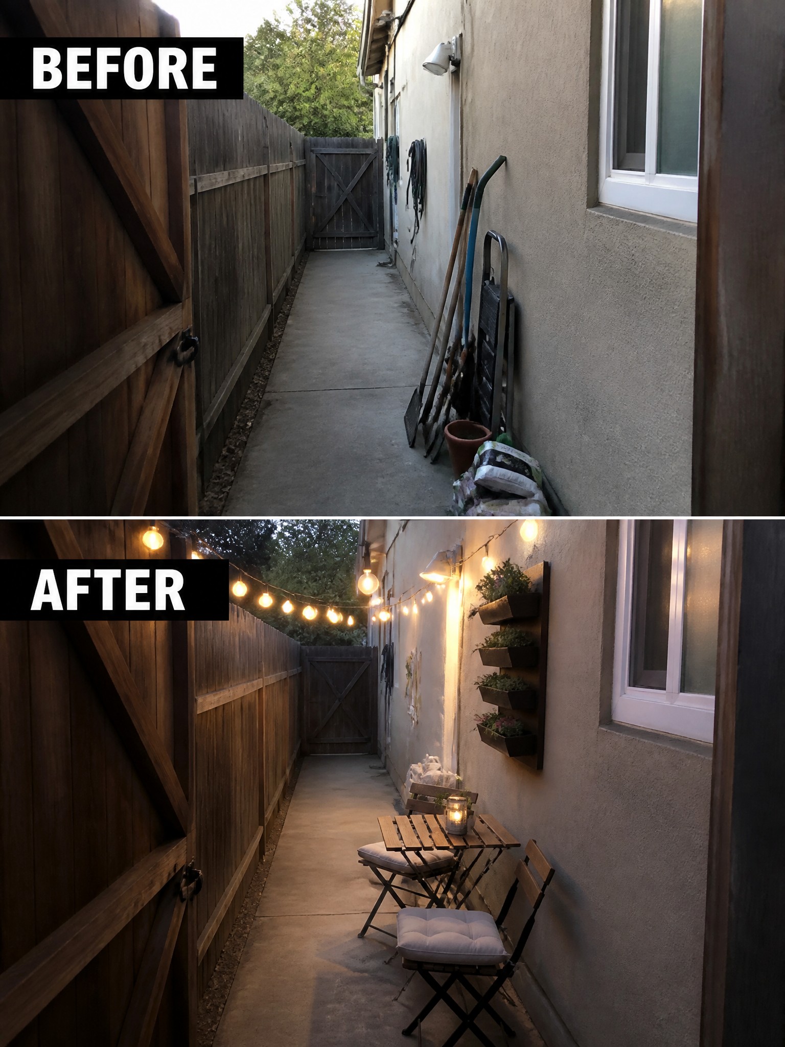 Before-and-after image of a cluttered concrete side yard changed into a seating area with string lights, a small table, and wall planters.