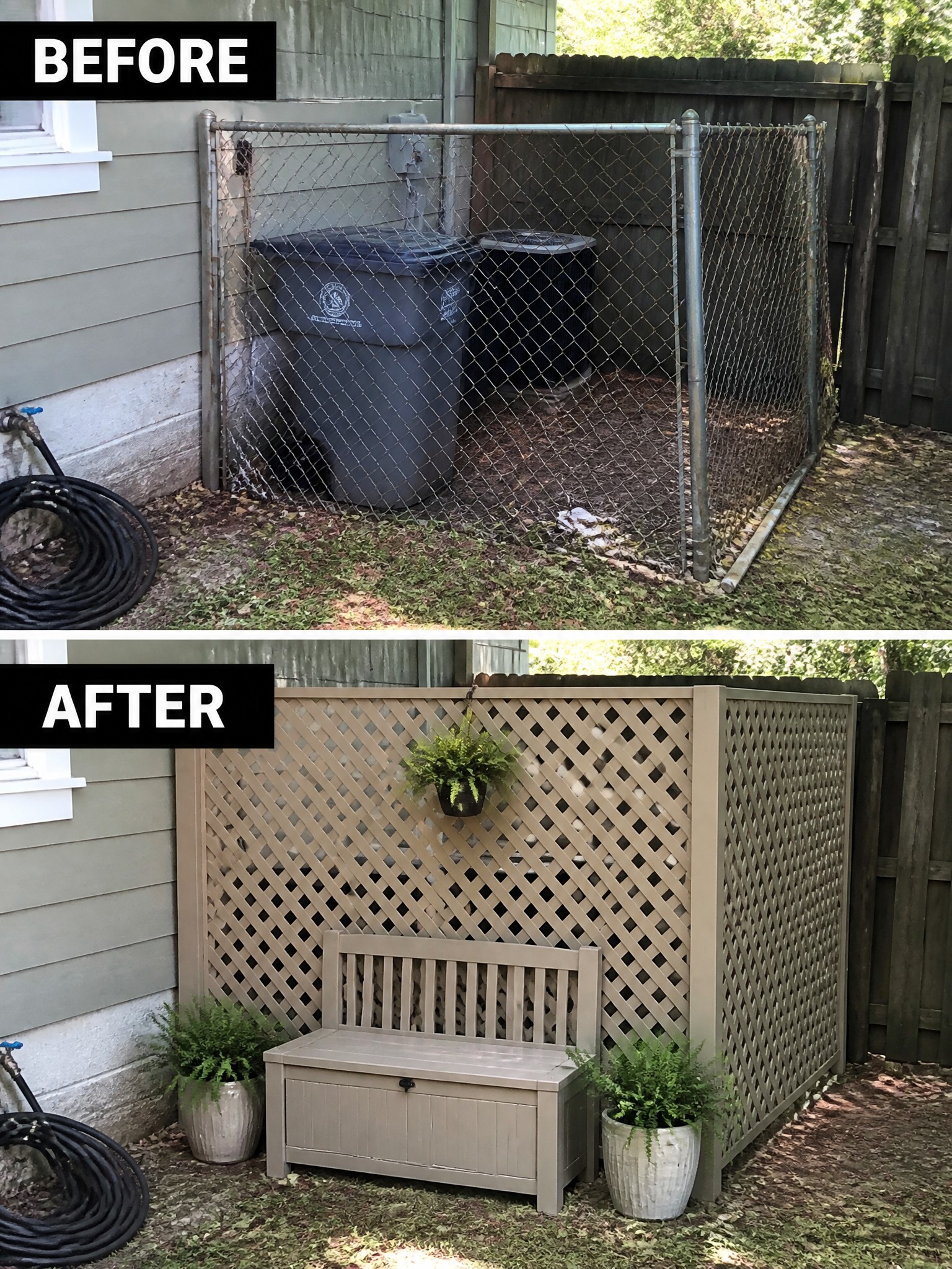 Before and after transformation of a trash area, featuring a decorative storage bench and plants.