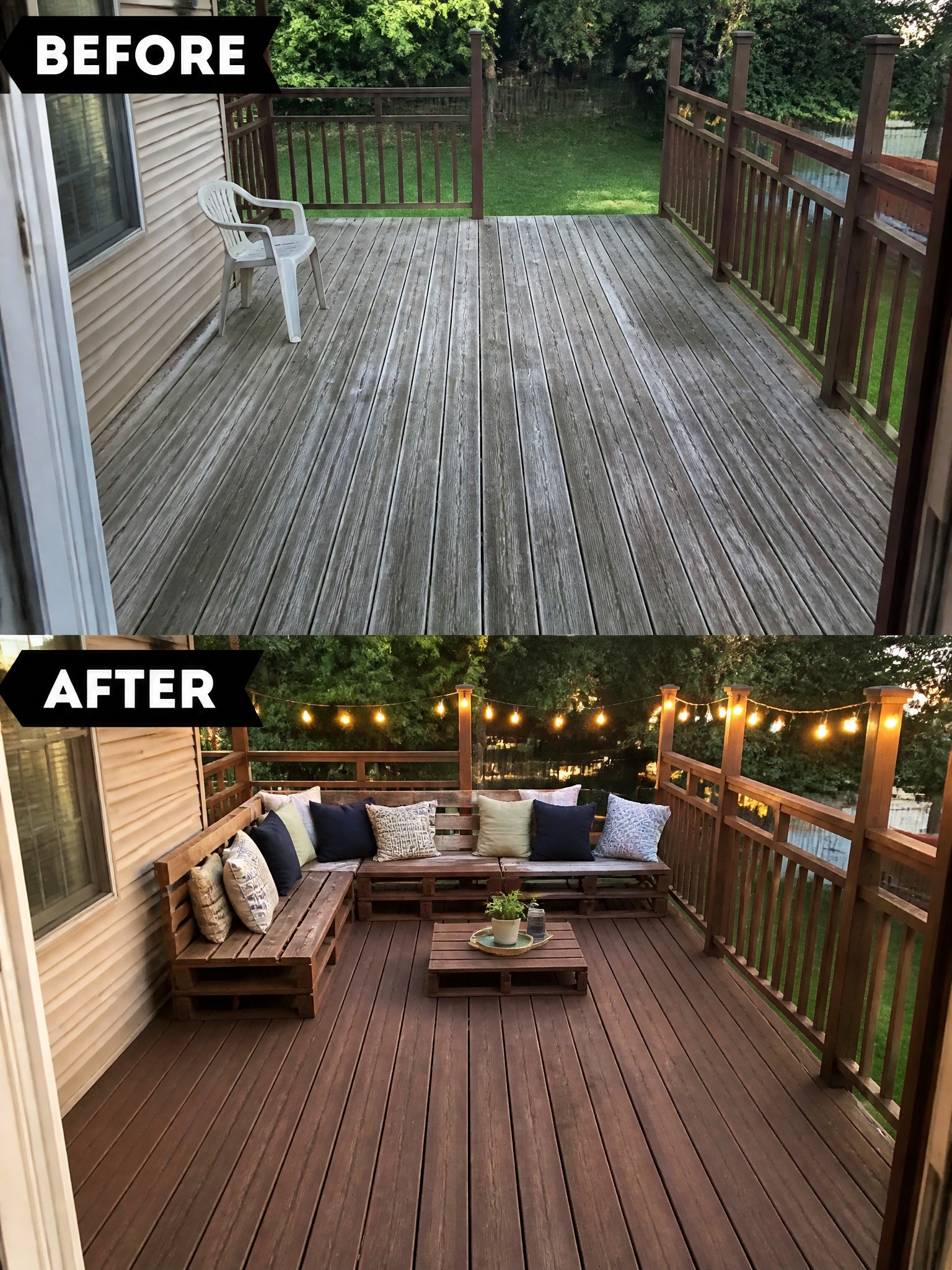 Before-and-after image of a weathered wooden deck transformed into an outdoor seating area with pallet furniture, cushions, and string lights.