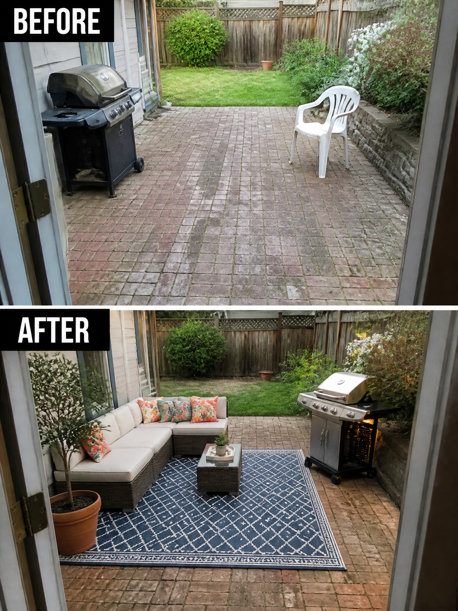 Patio transformation: before with a chair and grill, after featuring a sectional sofa, rug, and plants.