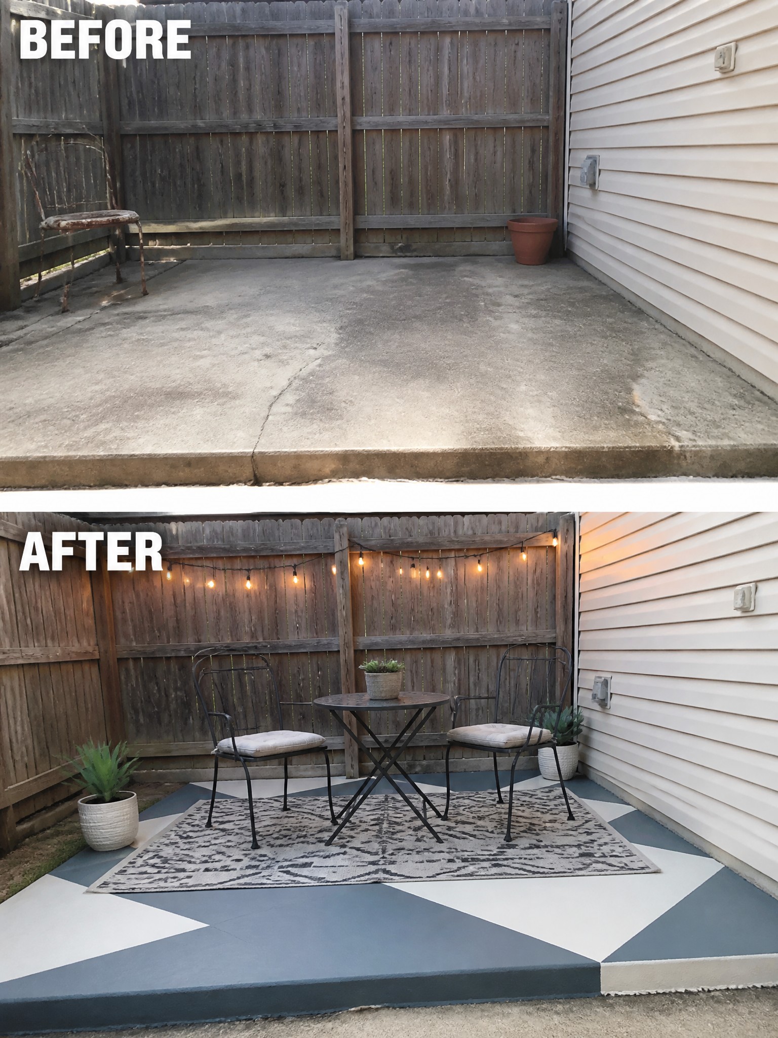 Before-and-after image of a bare concrete patio transformed into an outdoor seating area with a rug, table and chairs, string lights, and potted plants.