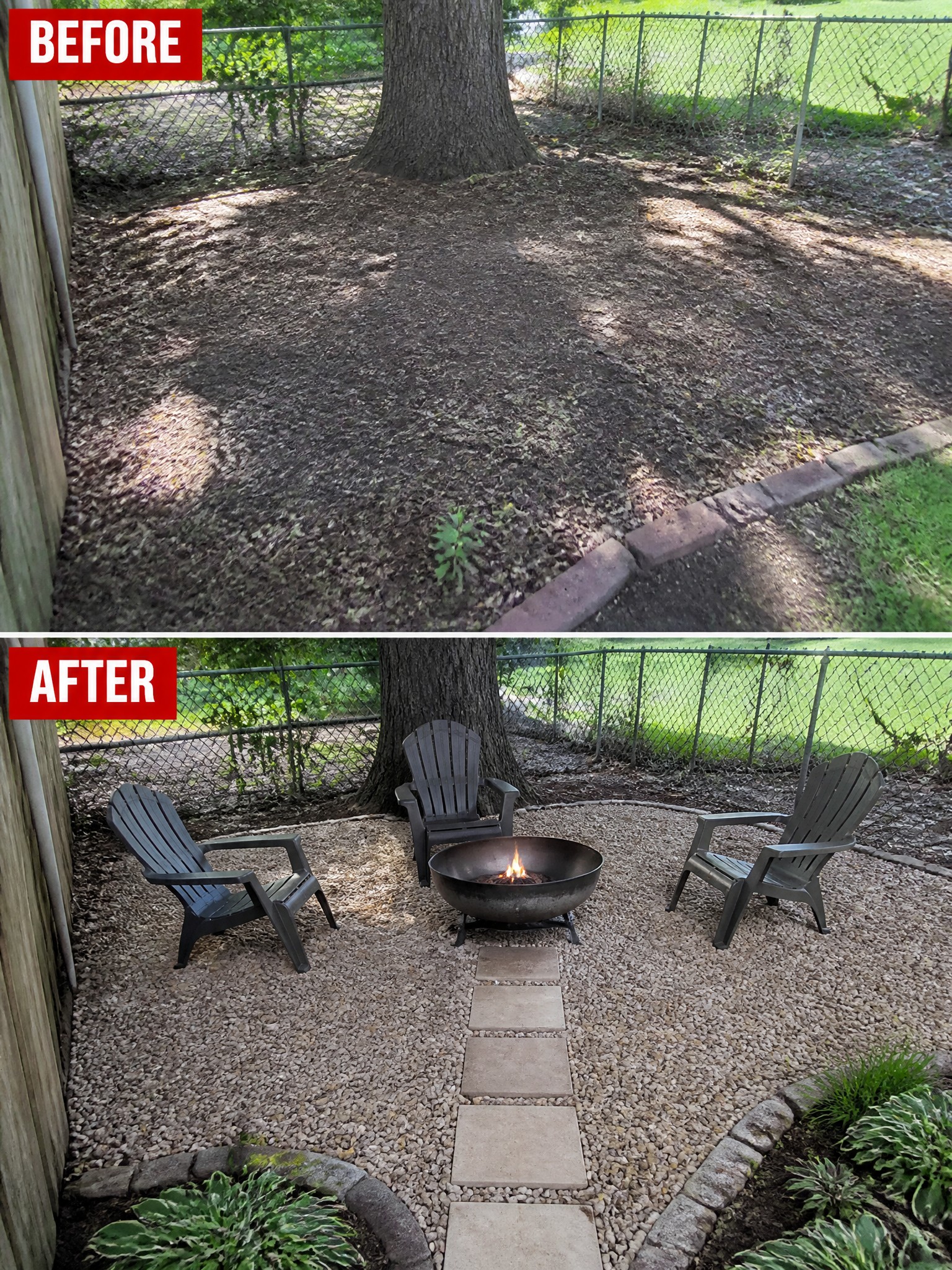 Before and after transformation of a backyard space with a fire pit and chairs.