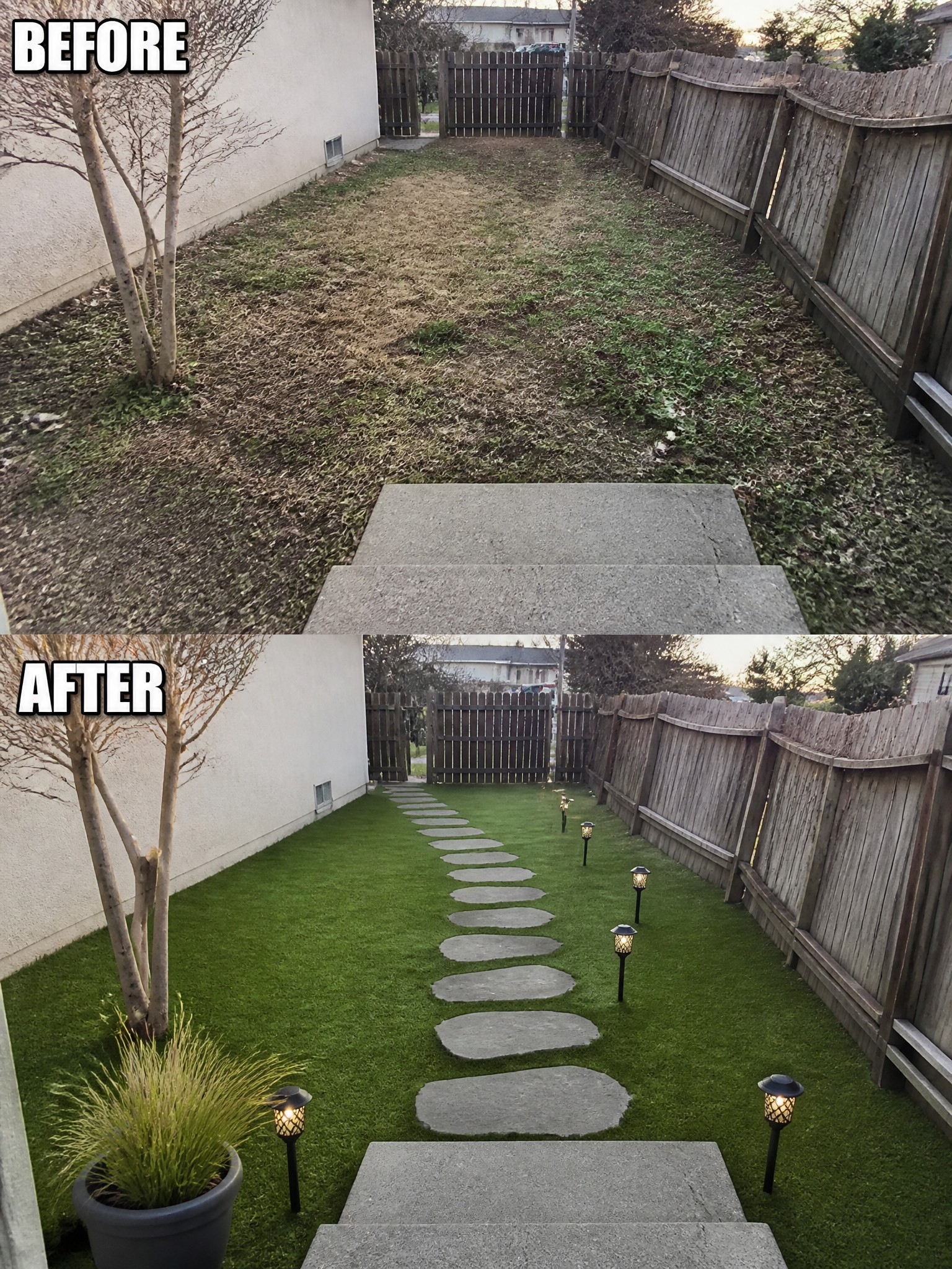 Before and after backyard transformation featuring grass, stone pathway, and lighting.