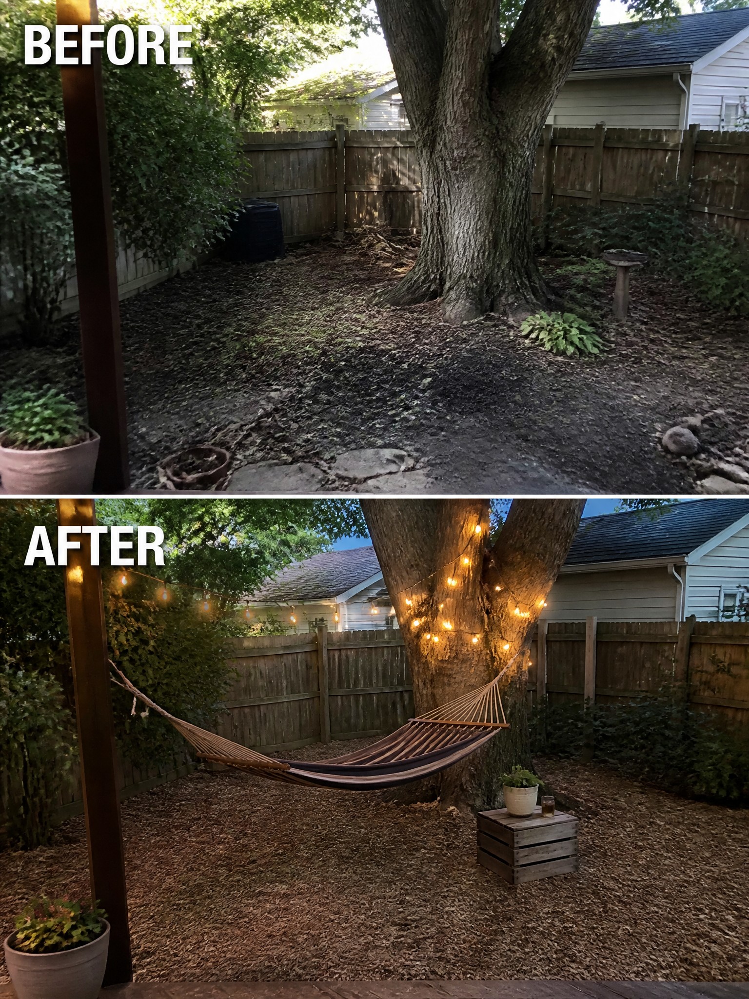 Before and after transformation of a backyard with a hammock and string lights.