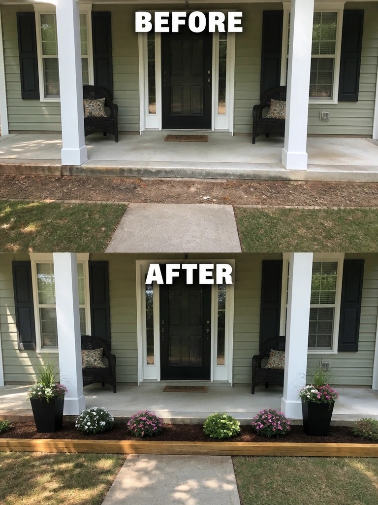 Before and after porch with new flower garden, mulch, and potted plants