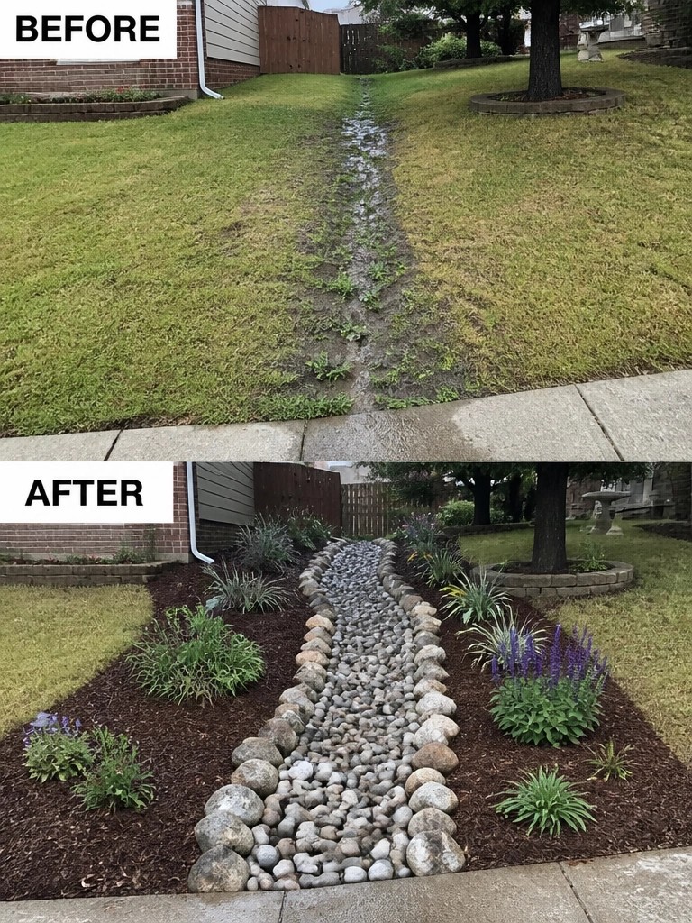 Before-and-after image of a sloped front yard showing a muddy water path replaced by a rock-lined channel bordered by mulch and planted beds.
