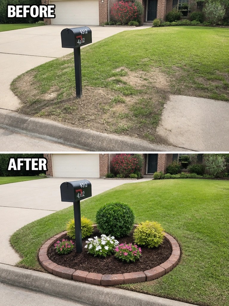 Before and after of mailbox with new brick-edged garden bed and flowers