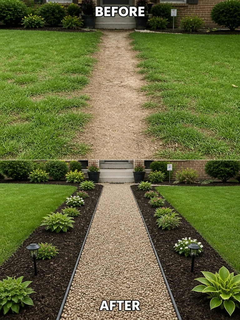 Before-and-after image of a dirt path through a lawn changed into a gravel walkway bordered by black edging and mulched garden beds with hostas and flowers.