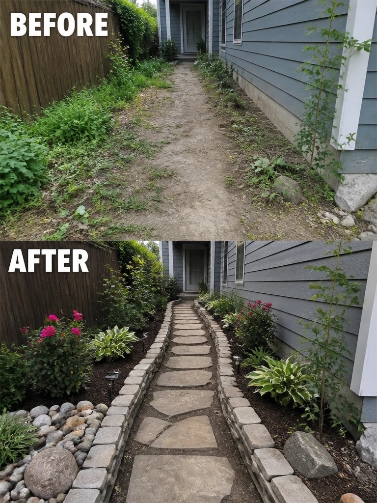 Before-and-after photos of dirt path transformed into stone walkway with landscaping