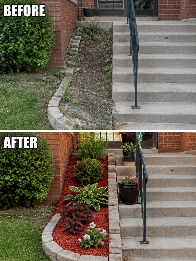 Before and after of weedy garden bed mulched with colorful plants beside stairs.