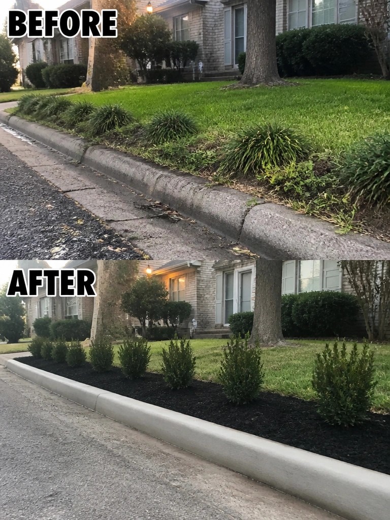 Before-and-after image of a front yard where an overgrown grass border along the curb was replaced with a mulched garden bed and evenly spaced shrubs.
