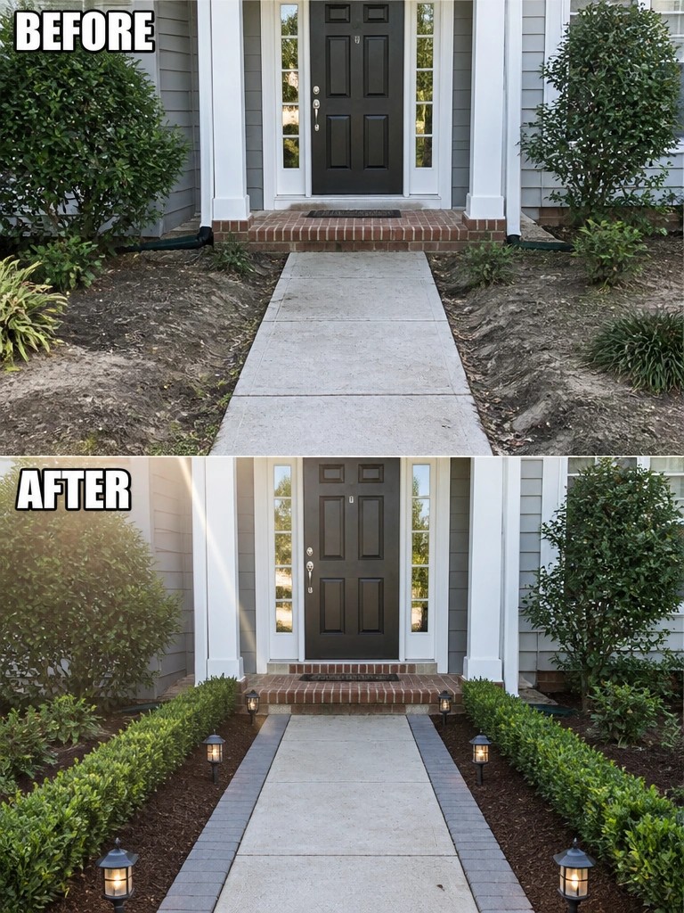 Before and after home entrance with new landscaping, borders, and pathway lights