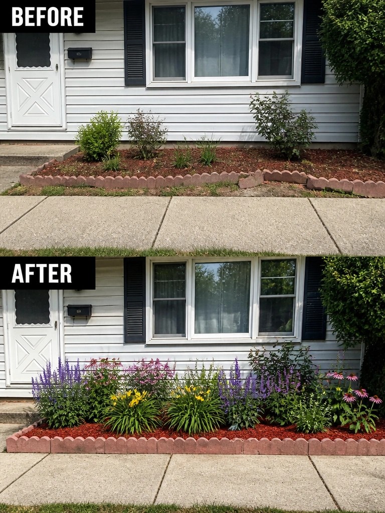 Before-and-after image of a front yard garden bed updated with mulch, edging, and colorful plantings.