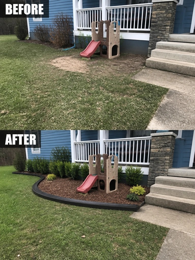 Before-and-after backyard with slide now in mulched bed bordered by shrubs