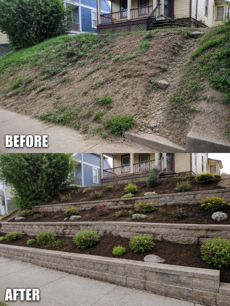 Before-and-after image of a steep bare slope changed into terraced garden beds with stone retaining walls, mulch, and shrubs.