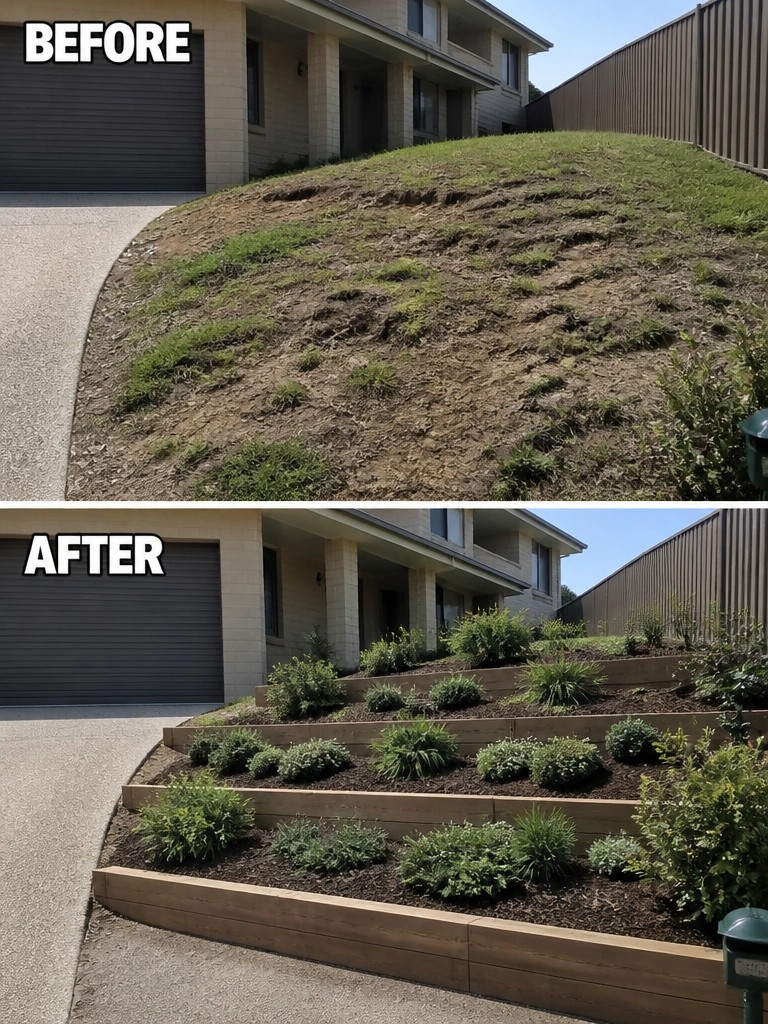 Before and after of bare hillside yard transformed into tiered garden beds with plants.